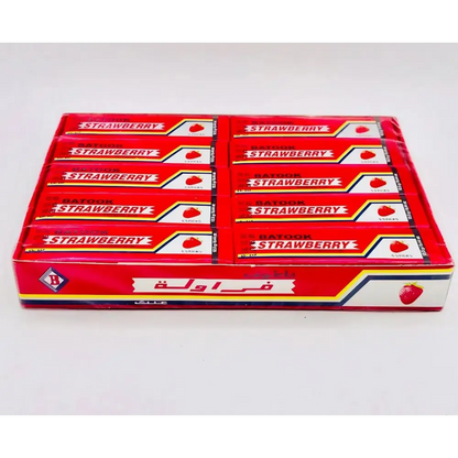 Red and white cardboard box of batook strawberry chewing gum with strawberry flavour and arabic text logo