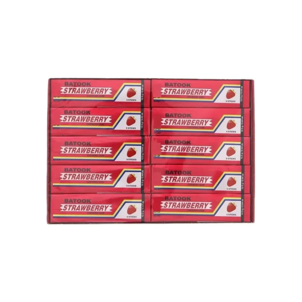 Red batook strawberry chewing gum packs with strawberry flavour arranged in a grid for bulk 5x20 sticks box
