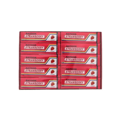 Red batook strawberry chewing gum packs with strawberry flavour arranged in a grid for bulk 5x20 sticks box