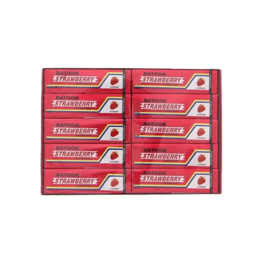 Red batook strawberry chewing gum packs with strawberry flavour arranged in a grid for bulk 5x20 sticks box