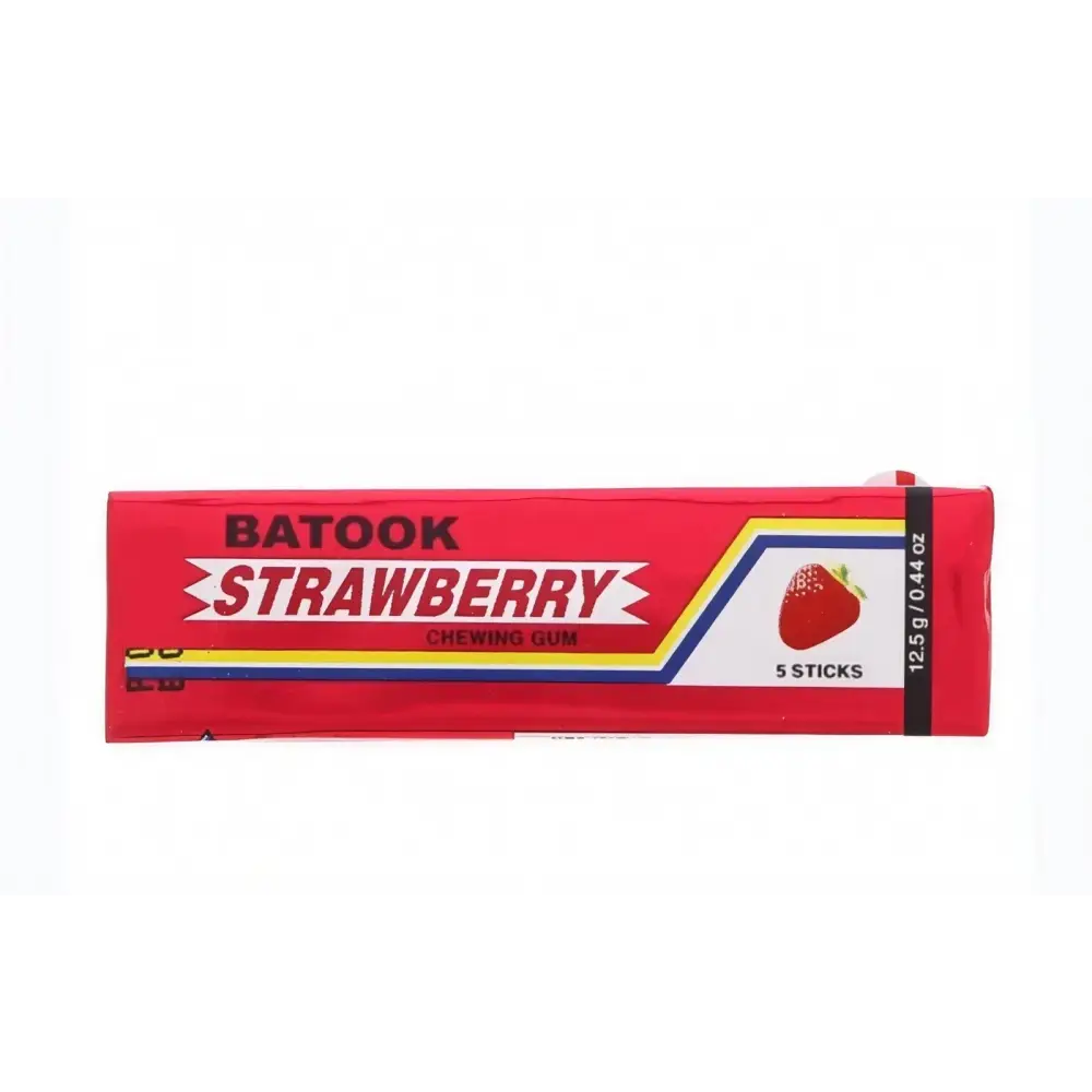 Batook strawberry chewing gum pack with red and white design strawberry flavour containing five sticks in bulk box