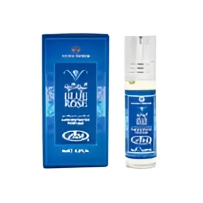 Blue rose concentrated perfume oil in a sleek transparent glass rollerball bottle with silver cap and blue packaging by Al Rehab