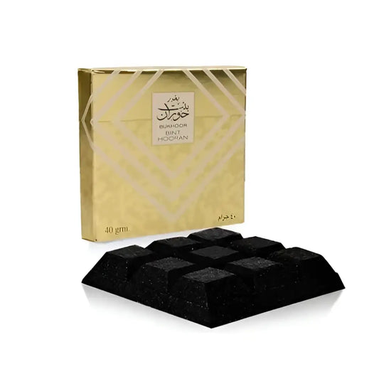 Black rectangular bukhoor bint hooran hookah charcoal briquettes in a gold box by ard al zaafaran 40g