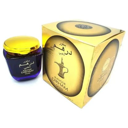 Blue perfume bottle with gold cap next to its packaging on a white background