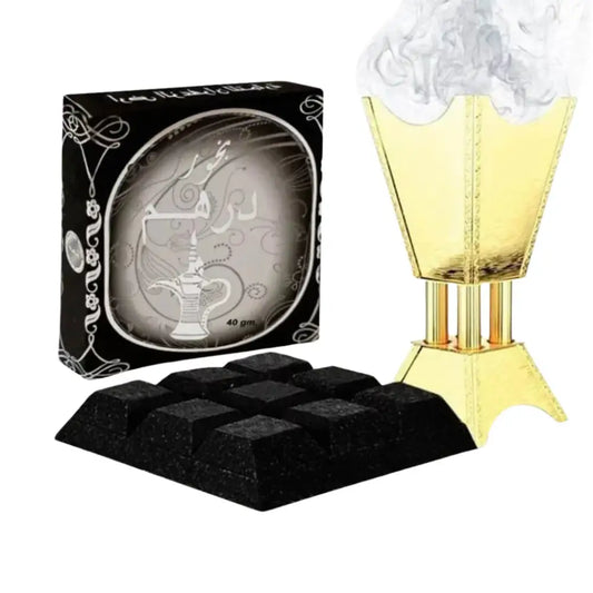 Golden hookah burner with smoke rising from the top featuring bukhoor dirham silver by Ard Al Zaafaran