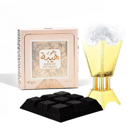 Golden incense burner with fluted tiered design and matching base for ard al zaafaran bukhoor heibah floral oud 40g