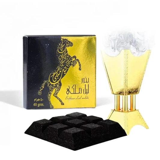 Golden incense burner with sleek tiered design and ornate detailing for ard al zaafaran bukhoor lail maleki 40g
