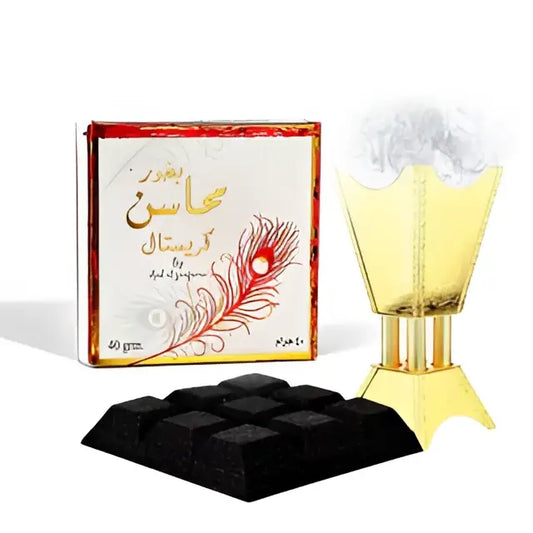 Golden-colored ornate incense burner with fluted design and glass top for bukhoor mahasin crystal by ard al zaafaran