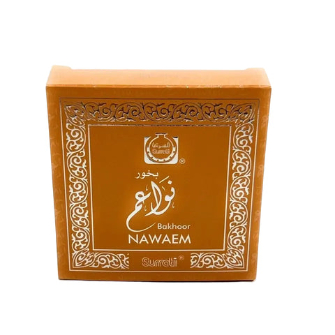 Orange rectangular box with white ornamental border and gold foil lettering for surrati bukhoor nawaem 40g product