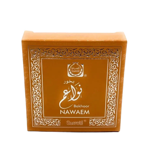 Orange rectangular box with white ornamental border and gold foil lettering for surrati bukhoor nawaem 40g product