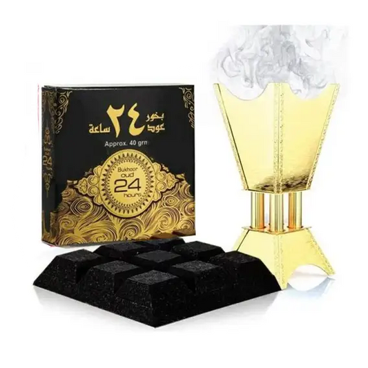 Gold-colored ornate incense burner with smoke rising for bukhoor oud 24 hours 40g by ard al zaafaran noor east