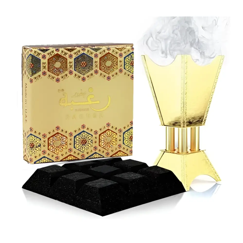 Golden incense burner with sleek geometric design and polished metallic finish for bukhoor raghba warm oriental use