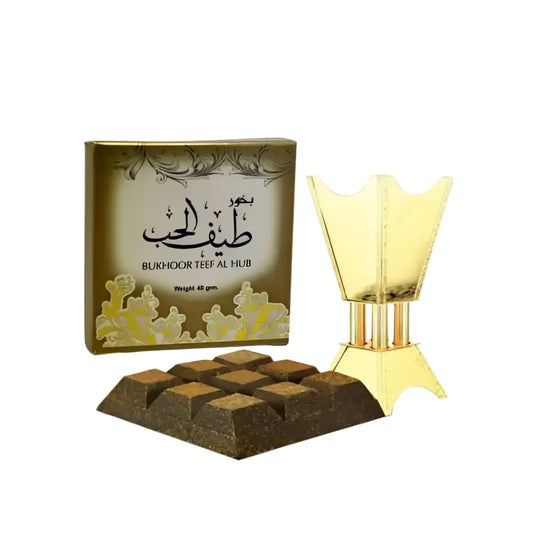 Golden fluted tiered incense burner with matching base for bukhoor teef al hub by ard al zaafaran 40g