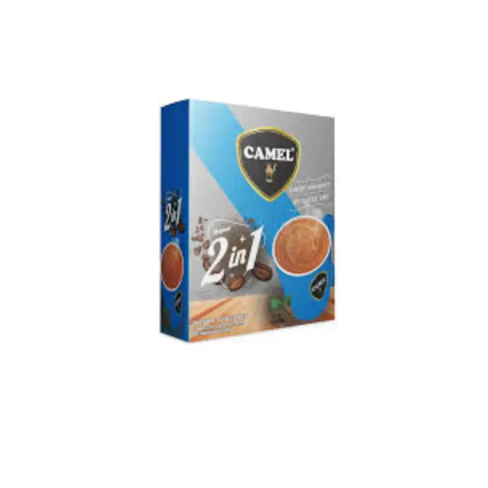 Blue and silver camel 2-in-1 instant coffee pack box with shield logo for classic and hazelnut 3-in-1 coffee mix