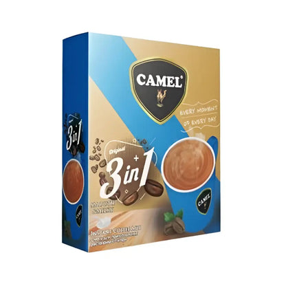 Blue and gold camel 3-in-1 coffee box with brewed coffee cup roasted beans and camel instant coffee logo