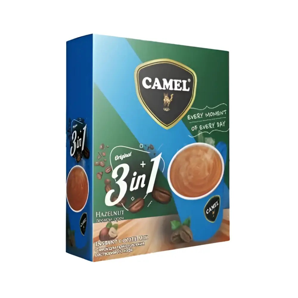 Camel original 3-in-1 hazelnut instant coffee mix in a blue and green box with cup illustration for quick 3-in-1 coffee use
