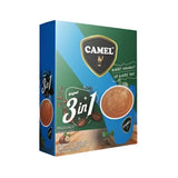 Camel original 3-in-1 hazelnut instant coffee mix in a blue and green box with cup illustration for quick 3-in-1 coffee use