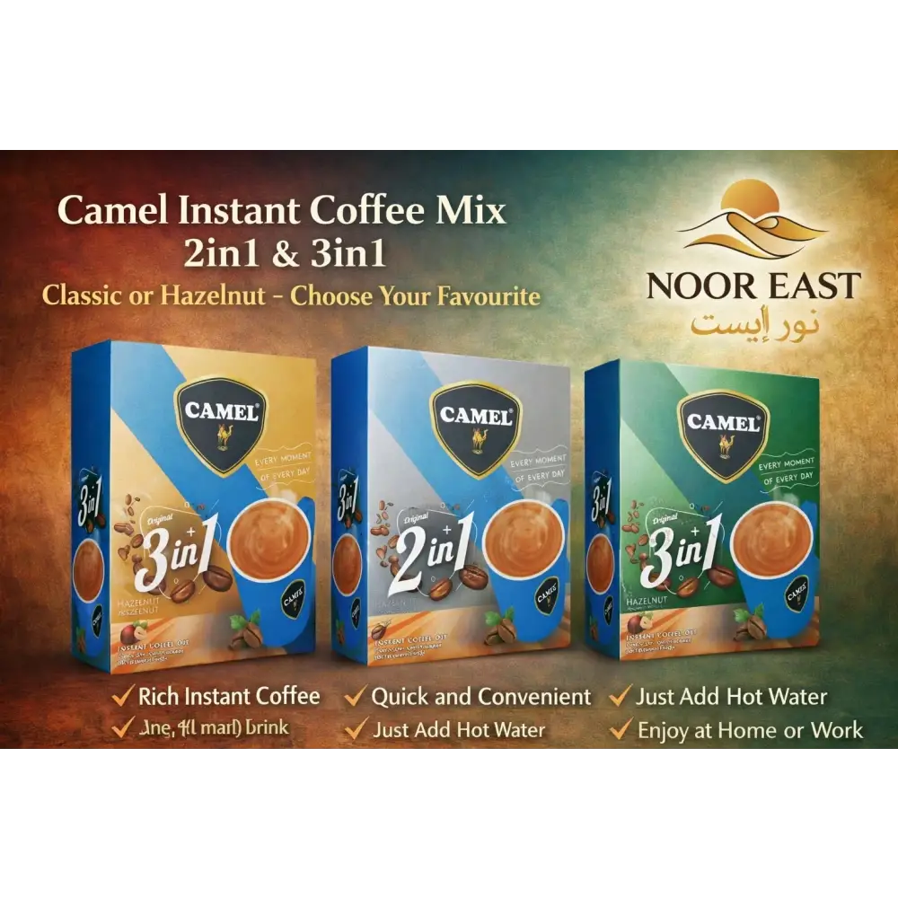 Three camel instant coffee mix boxes in blue packaging featuring 2in1 and 3in1 coffee with classic and hazelnut flavors