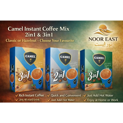 Three camel instant coffee mix boxes in blue packaging featuring 2in1 and 3in1 coffee with classic and hazelnut flavors