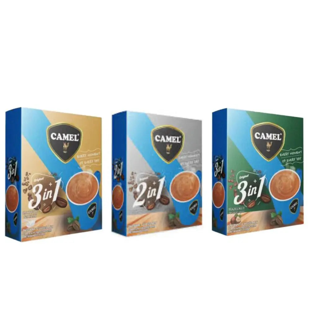 Three camel brand instant coffee boxes in blue, silver, and hazelnut flavors featuring 3-in-1 and 2-in-1 blends