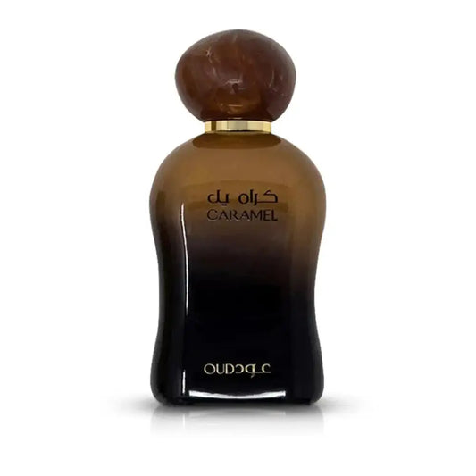 Brown perfume bottle with wooden cap on a white background