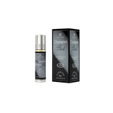 Silver-topped glass rollerball bottle of champion black noor east concentrated perfume cpo 6ml alcohol-free for home ambiance