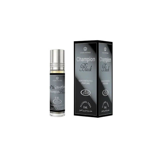 Silver-topped glass rollerball bottle of champion black noor east concentrated perfume cpo 6ml alcohol-free for home ambiance