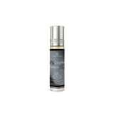 A sleek silver-topped champion black roll-on perfume bottle with dark gray label for noor east home ambiance by al rehab