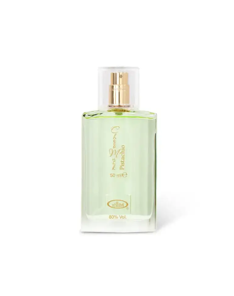 A clear glass bottle of choco musk pistachio edp 50ml with gold nozzle and green pistachio scent by al rehab