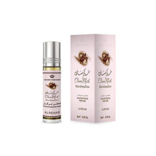 Choco musk marshmallow concentrated perfume oil in a sleek silver roll-on bottle with a pale pink label and box