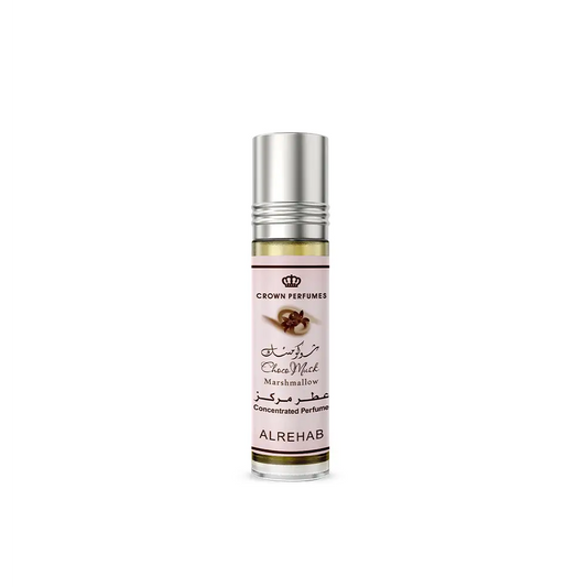 A sleek silver roll-on perfume bottle with a pale pink crown perfumes label for choco musk marshmallow scent