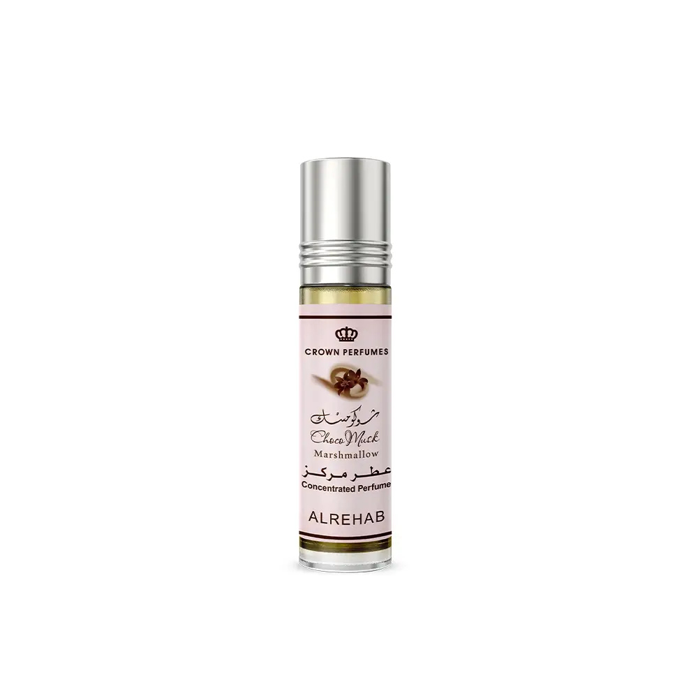 A sleek silver roll-on perfume bottle with a pale pink crown perfumes label for choco musk marshmallow scent