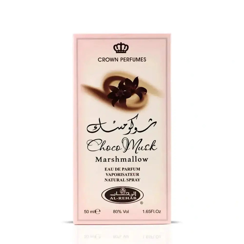 Pink rectangular box of crown perfumes choco musk marshmallow eau de parfum 50ml by al rehab