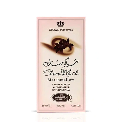 Pink rectangular box of crown perfumes choco musk marshmallow eau de parfum 50ml by al rehab