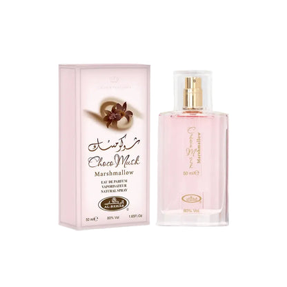 Pink glass perfume bottle with gold spray nozzle and matching pink box labeled choco musk marshmallow by al rehab
