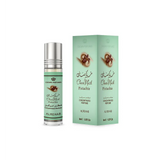 A sleek silver roll-on perfume bottle with a mint green pistachio label from crown perfumes choco musk pistachio cpo 6ml al rehab