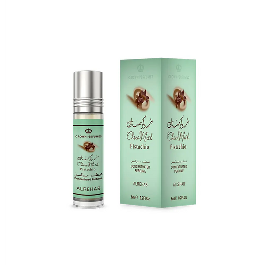 A sleek silver roll-on perfume bottle with a mint green pistachio label from crown perfumes choco musk pistachio cpo 6ml al rehab