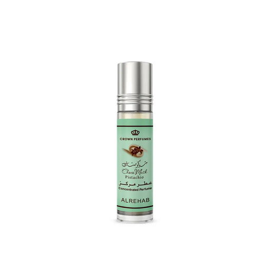 A sleek silver roll-on perfume bottle with a mint green label by crown perfumes featuring choco musk pistachio scent