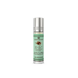 A sleek silver roll-on perfume bottle with a mint green label by crown perfumes featuring choco musk pistachio scent