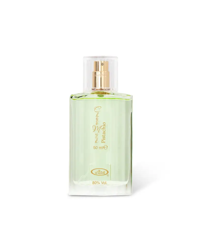 A clear glass bottle of choco musk pistachio edp 50ml with gold nozzle and green pistachio scent by al rehab