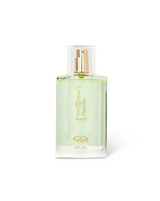 A clear glass bottle of choco musk pistachio edp 50ml with gold nozzle and green pistachio scent by al rehab