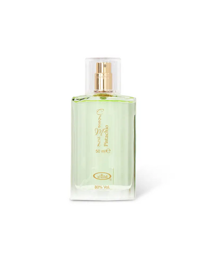 A clear glass bottle of choco musk pistachio edp 50ml with gold nozzle and green pistachio scent by al rehab