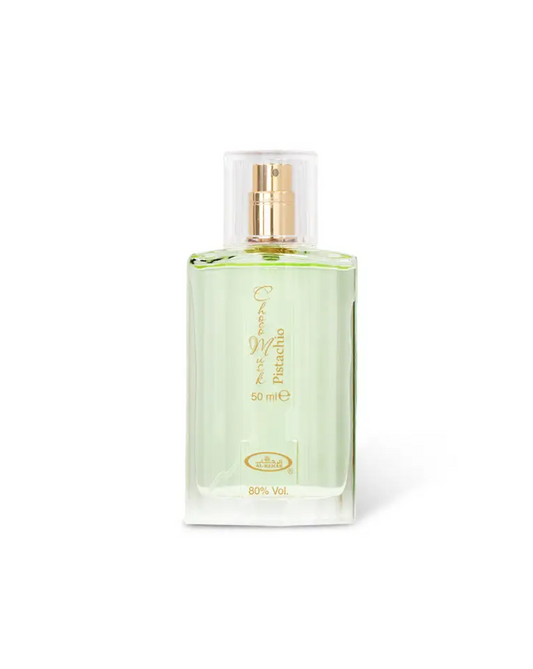 A clear glass bottle of choco musk pistachio edp 50ml with gold nozzle and green pistachio scent by al rehab