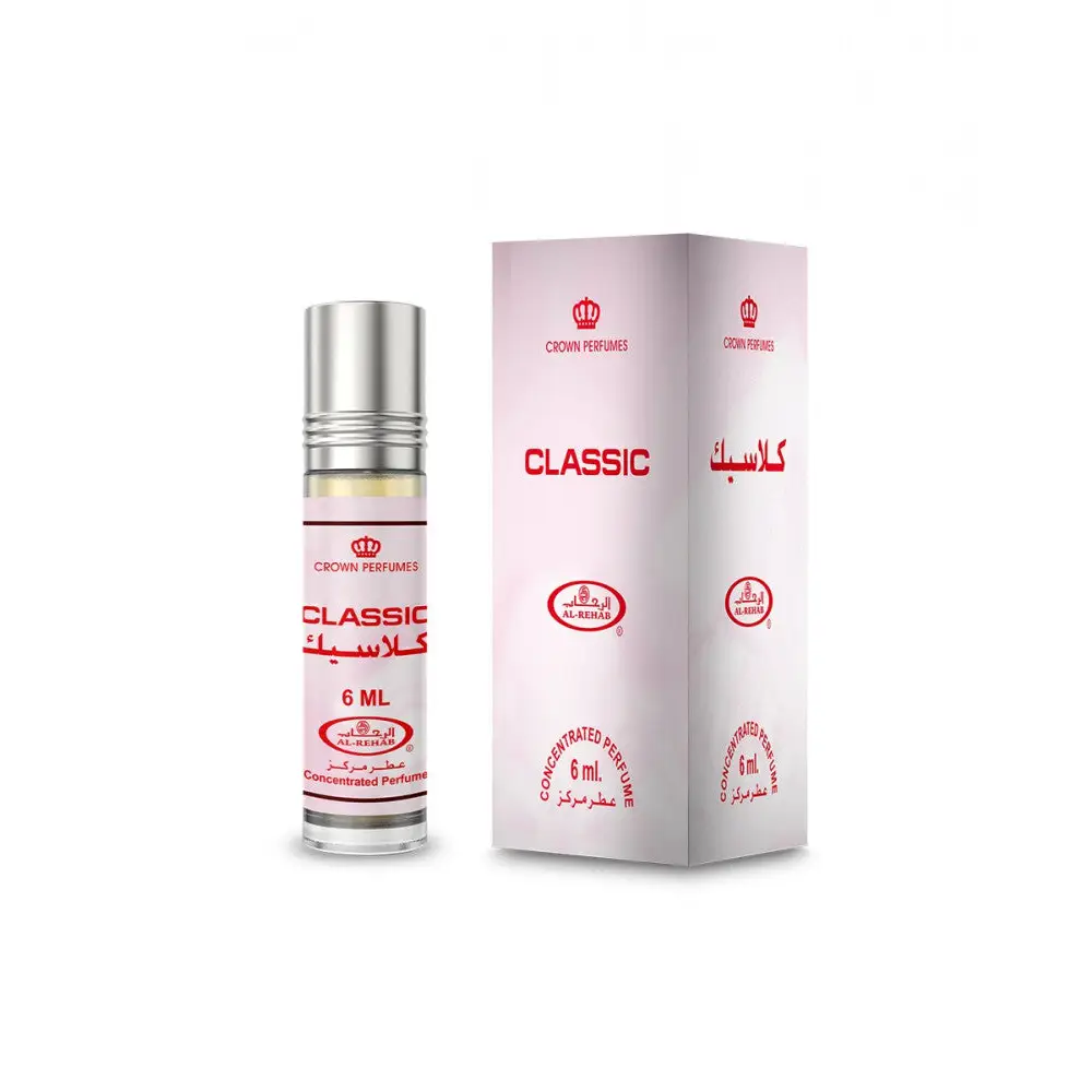 Silver-topped glass rollerball bottle of Al Rehab classic cpo 6ml concentrated perfume oil with pink label and red text