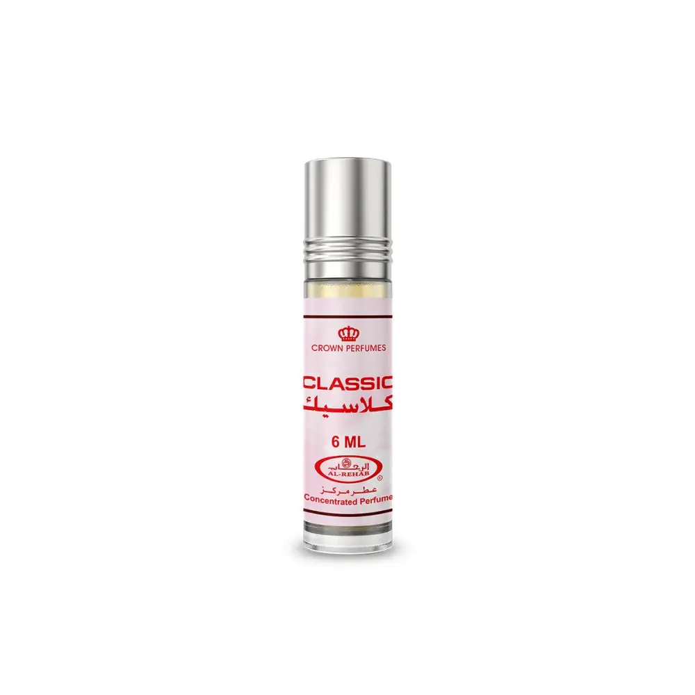 A sleek silver roll-on concentrated perfume oil bottle with a white label and red crown perfumes branding 6 ml