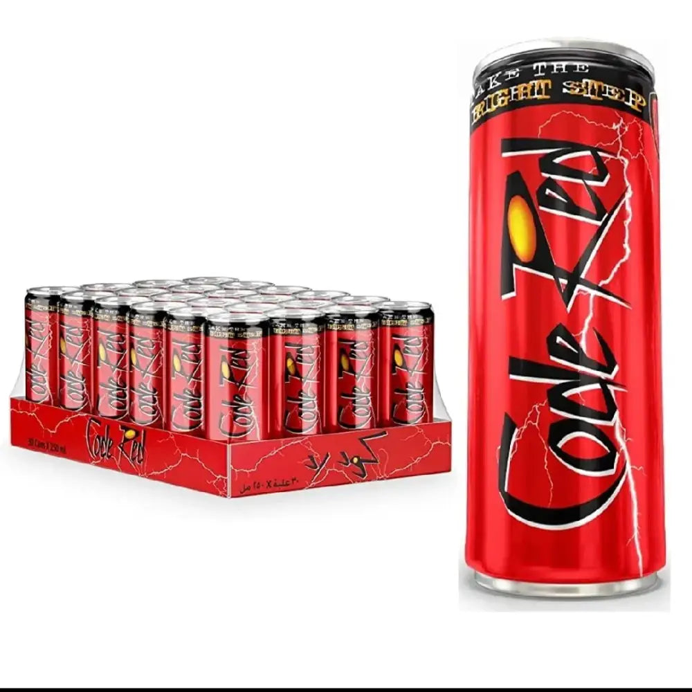 Red aluminum can of code red energy drink 250ml with black and yellow branding featuring the code red logo