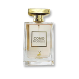 A clear glass perfume bottle with a gold cap and como moiselle label by maison alhambra for 100ml eau de parfum