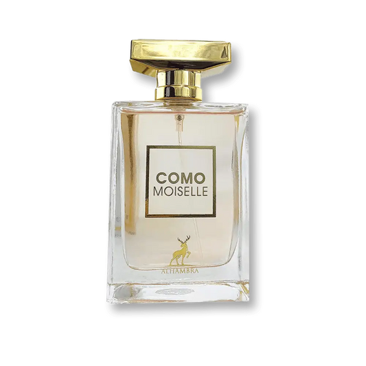 A clear glass perfume bottle with a gold cap and como moiselle label by maison alhambra for 100ml eau de parfum