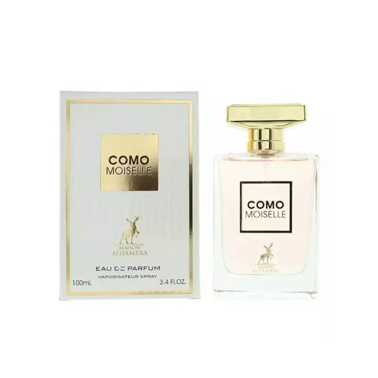 A sleek transparent glass bottle of como moiselle eau de parfum by maison alhambra with a gold-toned cap and label