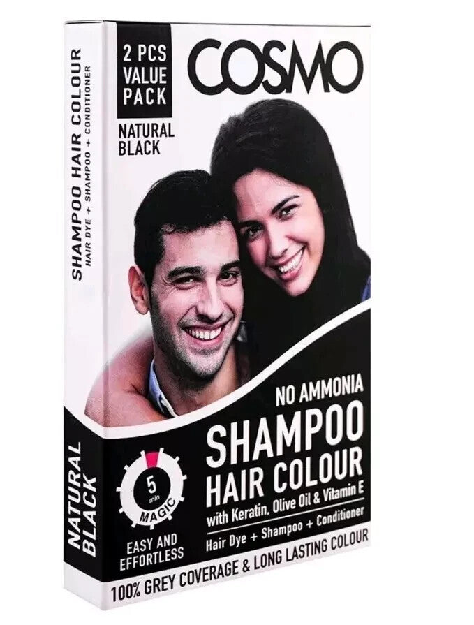 Cosmo Hair Color Shampoo – Black 12ml & Henna 180ml – Quick Natural Hair Dye Tre - Black Hair Colour Shampoo (12ml)